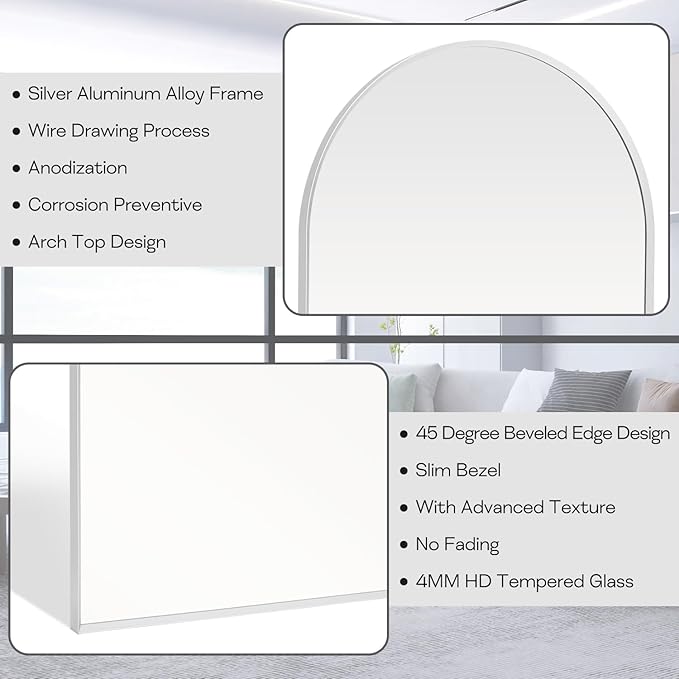 30" x 40" Silver Arched Mirror, Large Arch Bathroom Vanity and Wall Decor Mirror