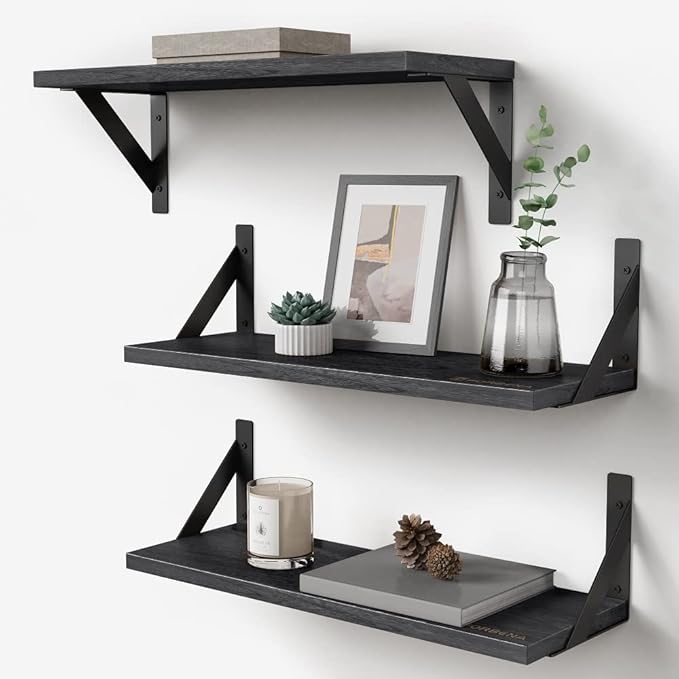 Forbena Black Floating Shelves Bathroom Set of 3, Wooden Wall Book Shelves