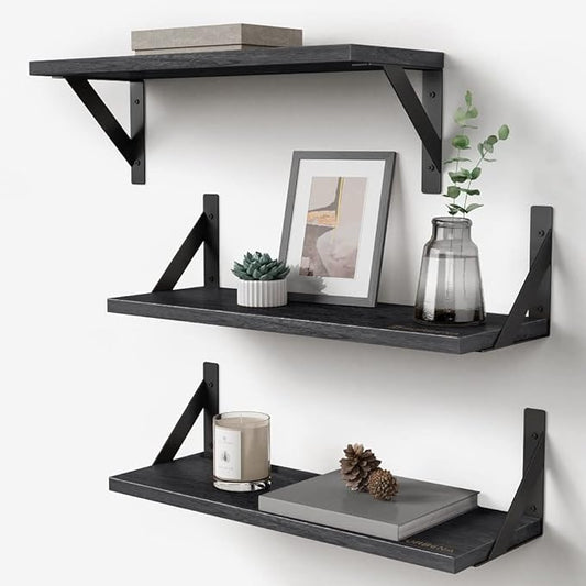 Forbena Black Floating Shelves Bathroom Set of 3, Wooden Wall Book Shelves
