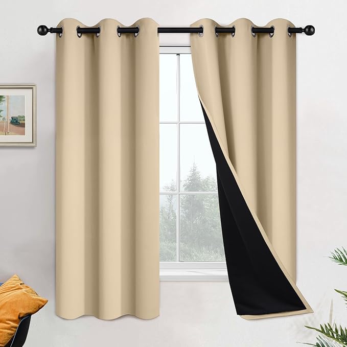 Yakamok Beige 100% Blackout Curtains, Thermal Insulated Total Blackout Drapes