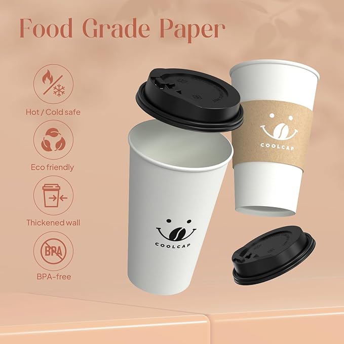 Coolcap Coffee Cups with Lids and Sleeves, 16 Ounce 200 pack To Go Coffee Cups with Lids, Paper Hot Cups for Hot & Cold Beverage (White, 16 Ounce)