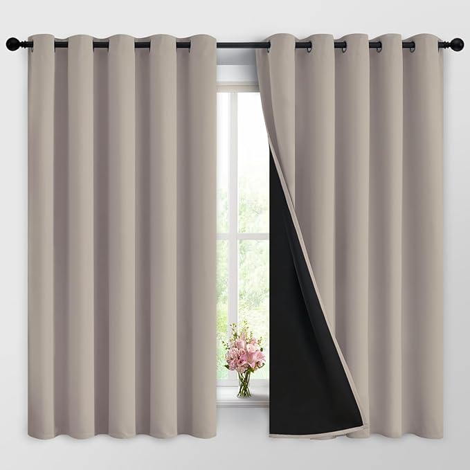 Yakamok 100% Blackout Curtains 63 Inches Long, 2 Thick Layers Heat and Full