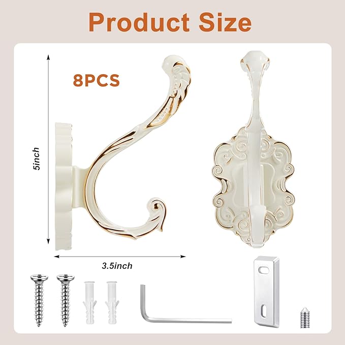 Zonon 8 Pcs White Wall Hooks Set Vintage Coat & Towel Hooks