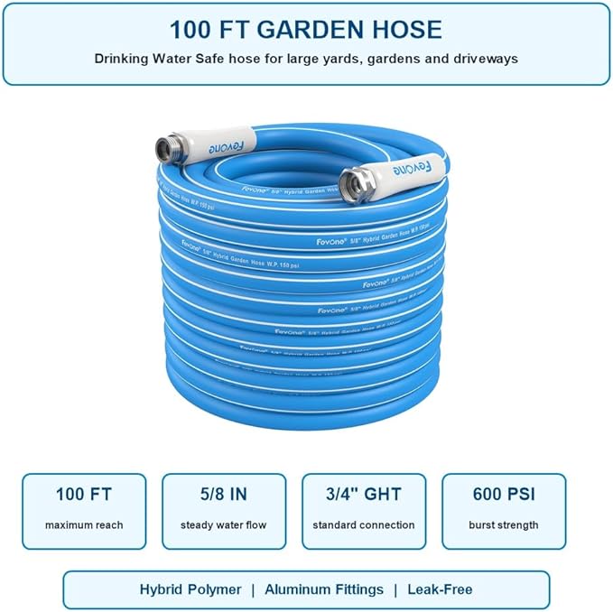 FEVONE 100 ft x 5/8 in Garden Hose, Drinking Water Safe Flexible Water Hose, Heavy Duty Hybrid Polymer Hose, Kink-Resistant, 3/4 in GHT Aluminum Fittings, Leak-Free, 600 PSI