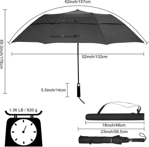 G4Free 62-Inch Portable Golf Umbrella - Oversized Double Canopy, Windproof & Waterproof | Black