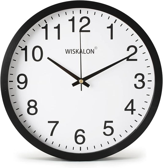 WISKALON 10 inch Silent Non-Ticking Elegant Black Frame Wall Clock, Classic
