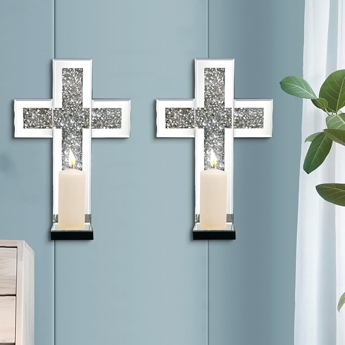 Aeveco Crystal Crush Diamond Mirrored Candle Sconces, Wall Decoration