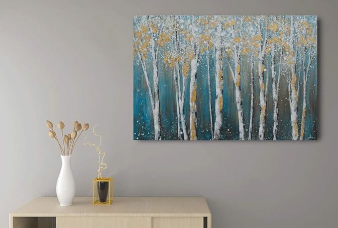 Yihui Arts Landscape Canvas Print Artwork: Teal Winter Forest Painting Wall Art