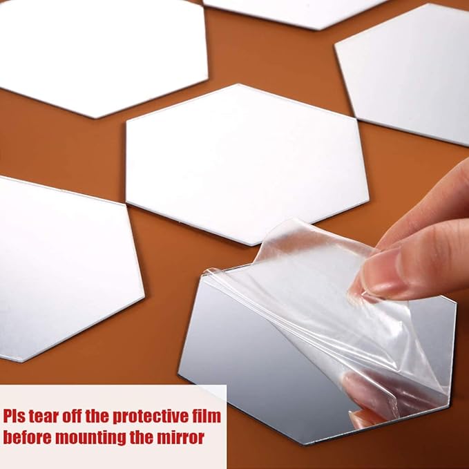 Shappy 32 Pcs Hexagon Mirror Wall Stickers Removable Silver Acrylic Mirror