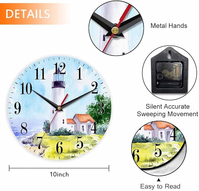 Mxocom Watercolor Lighthouse Wall Clock Building Green Hill Blue Skies House