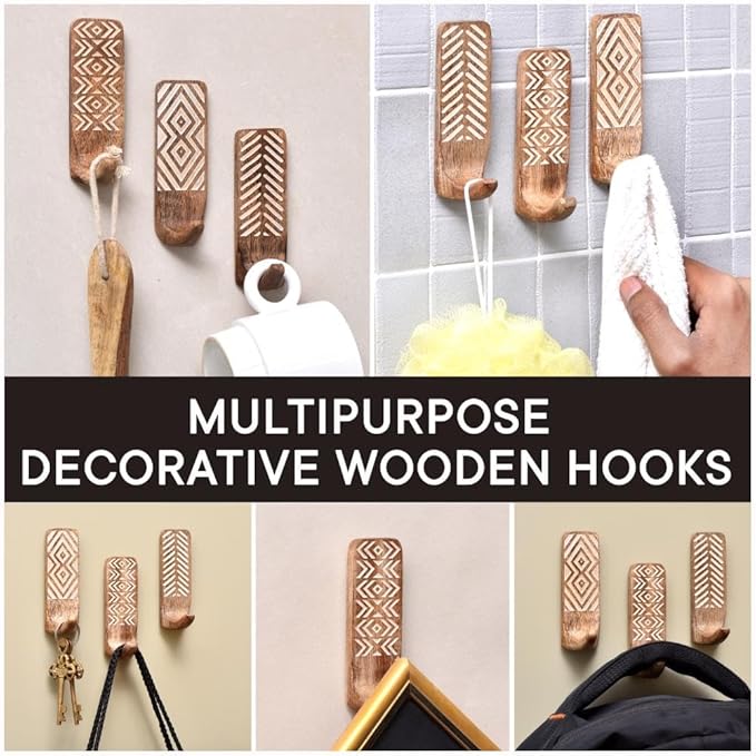 IndianShelf 10 LB- 12 Pieces Decorative Wood Adhesive Wall Hooks–Boho Peel and