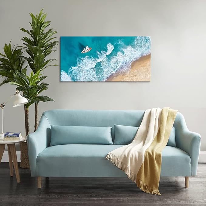 Goldfoilart Blue Ocean Sea Beach Canvas Wall Art Sailboat Painting Print on