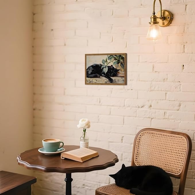 Framed Black Cat Canvas Wall Art, Vintage Sleeping Cat