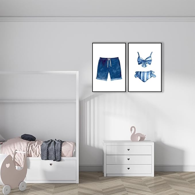 Liyark Set of 2 Retro Navy Blue And White Swimsuit Art Posters Beach Bathing