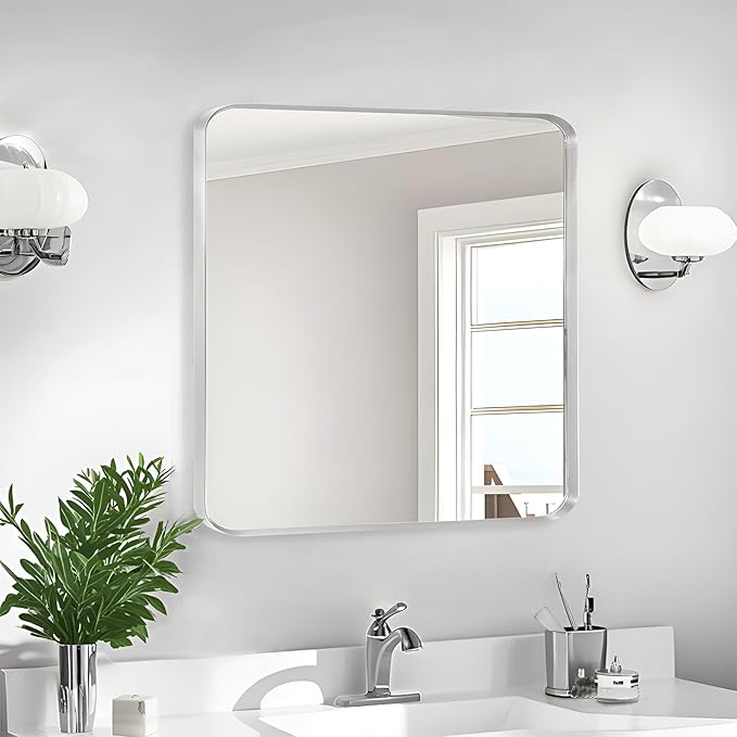 Wall Mount Mirror for Bathroom, Brush Silver Metal Framed Rounded Corner Square