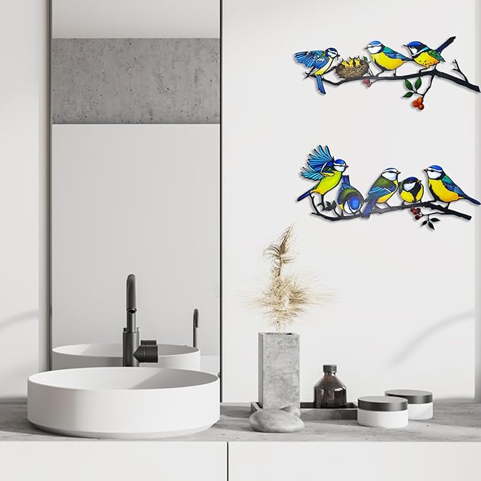 Meduofon Metal Bird Wall Decor, Vivid Feed the Bird Metal Wall Art Lovely Hummingbird Outdoor Decor Suitable for Porch Fence Garden Patio Outdoor Indoor Wall Decorations (2 Pack Multiple Birds Blue)