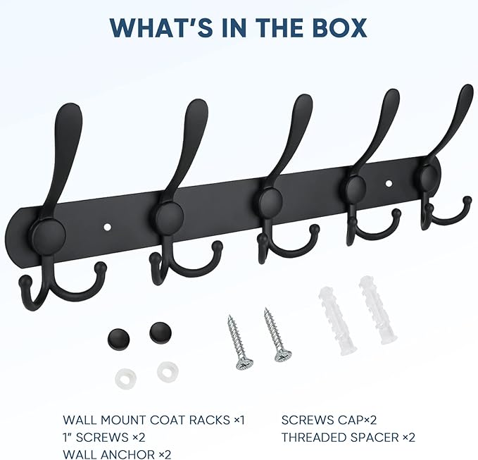 TICONN Wall Mounted Coat Rack, Five Heavy Duty Tri Hooks All Metal Construction