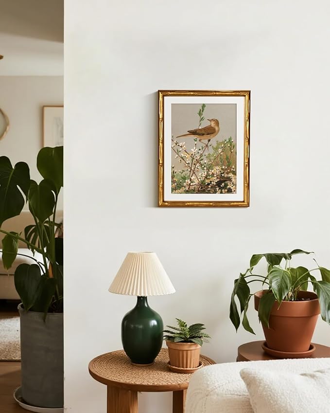 InSimSea Gold Bamboo Framed Canvas Wall Art, Spring Bird on Branch Paintings