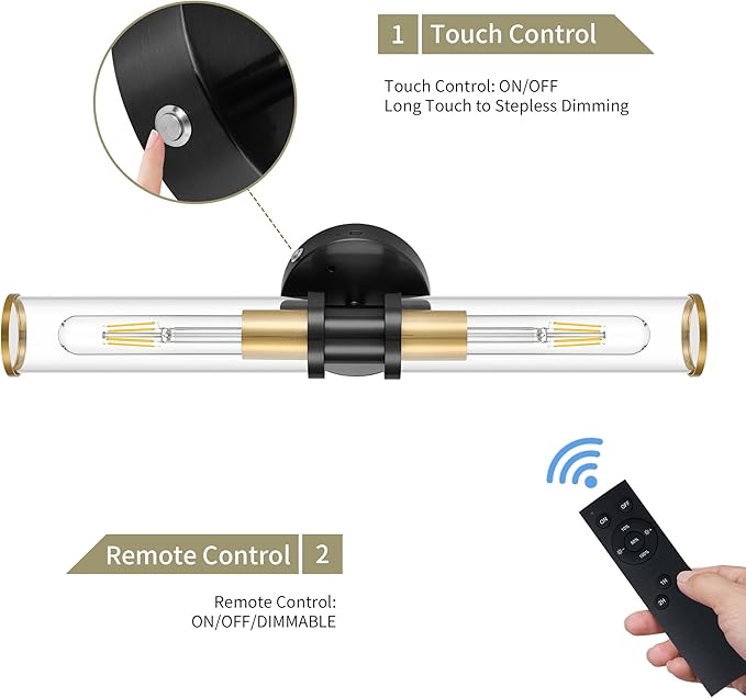 Wireless Wall Sconce with Remote Control, Easy Install Dimmable Rechargeable