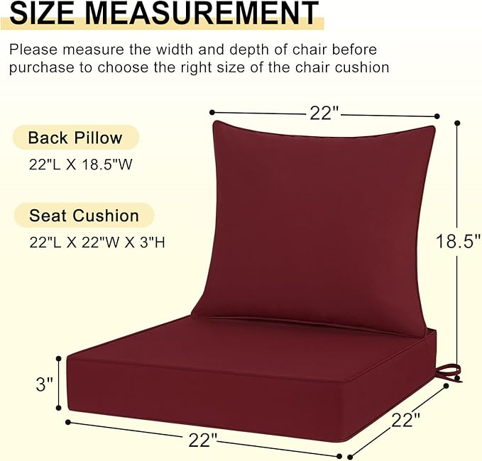 downluxe Outdoor Chair Cushions 22x22 with Removable Cover, Waterproof Patio Furniture Cushions, Deep Seat Cushions for Outdoor Furniture with Backrest for Sofa, Couch and Patio Chairs, Burgundy