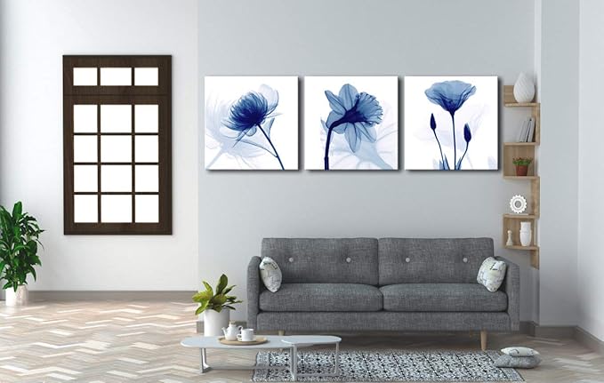 Wieco Art Blue Flowers 3 Panels Canvas Print Wall Art Modern Pictures Artwork