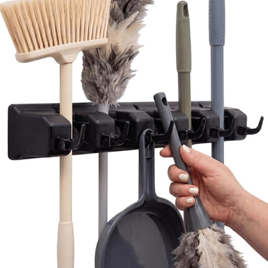 Broom Holder Wall Mount, Mop and Broom Organizer – Wall Mounted Broom Rack & Mop Rack, Rack for Brooms and Mops | Broom Hanger Wall Mount with 5 Slots & 6 Hooks, Kitchen Garage Laundry Garden