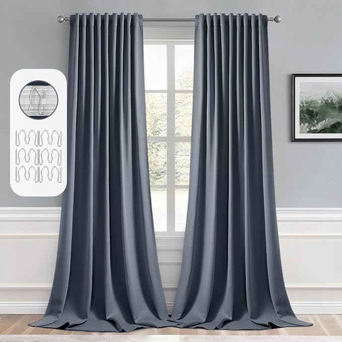 MIULEE Stone Blue Back Tab Blackout Curtain 96 Inch Long 2 Panels Set