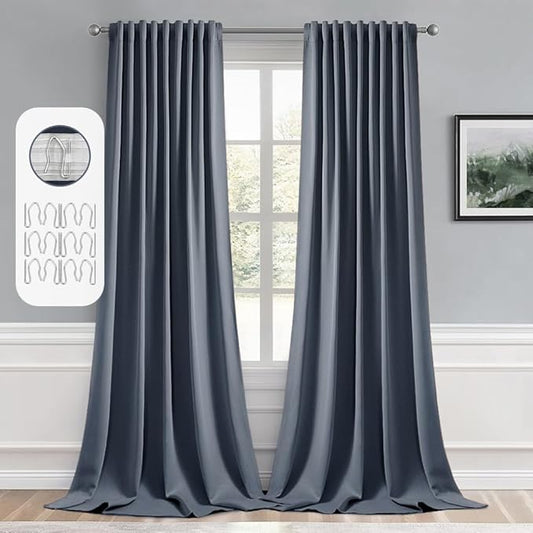 MIULEE Stone Blue Back Tab Blackout Curtain 96 Inch Long 2 Panels Set