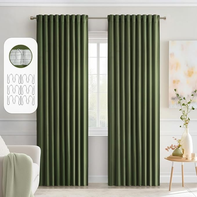 MIULEE Olive Green Back Tab Blackout Curtains 90 Inches Long 2 Panels Set