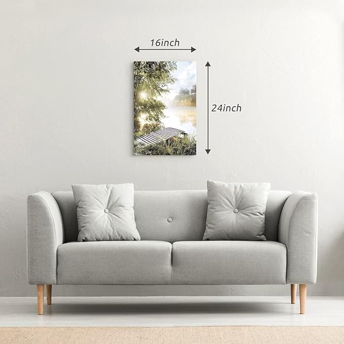 Lake Landscape Canvas Wall Art: Sunrise Nature Scenery Picture Vertical Pier Painting Print Artwork Living Room Bedroom Decor