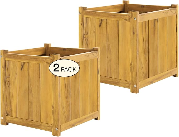 IDZO Set of 2 Acacia Wood Flower Planters for Outdoor Plants, Ergonomic Handles, Drainage Holes, Various Sizes, Ideal for Home DÃ©cor, Golden Teak