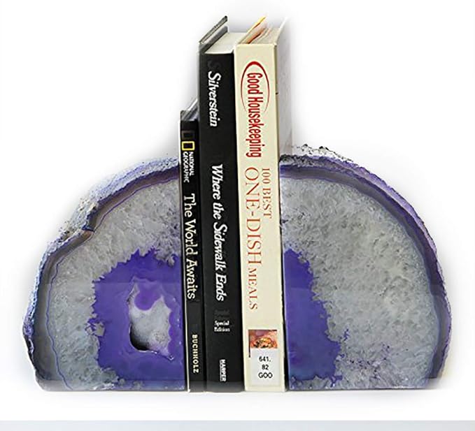JIC Gem Book Ends for Shelves Dyed Purple Agate Bookends Natural Geode Brazilian Rock Stone Book Ends Decorative with Rubber Bumpers Small Size(1 Pair, 2-3 LBS)
