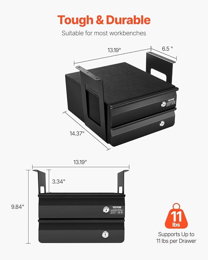 VEVOR Under Desk Double Stacked Lockable Slide Out Drawer, 13 inch Lockable Under Table Pull-out Drawer Attachment for Sit Stand Workstation, Secure Under Desk Storage Organizer, Black