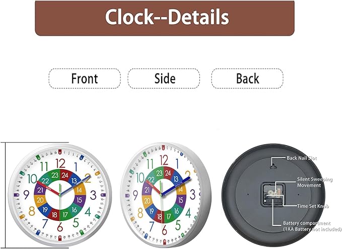 XFM Learning Clock for Kids Silent Non Ticking Battery Operated Colorful