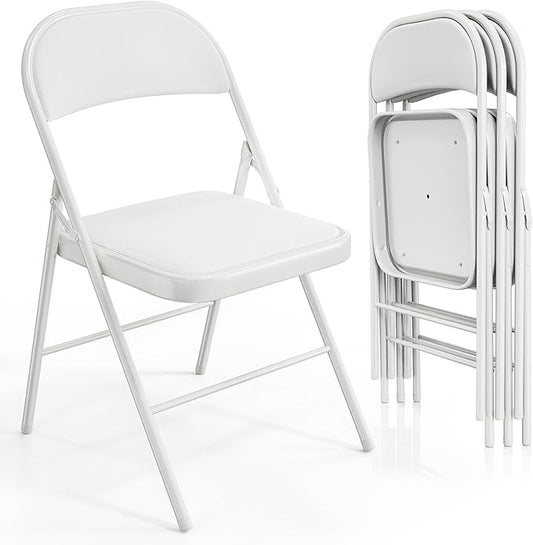 VINGLI 4 Pack Folding Chairs with Padded Seats, Metal Frame with Pu Leather Seat & Back, Capacity 350 lbs, White