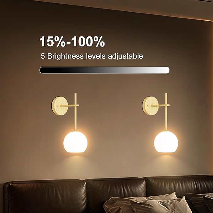 Wood Grain Battery Operated Wall Sconces Set of 2, Rechargeable Wireless Wall