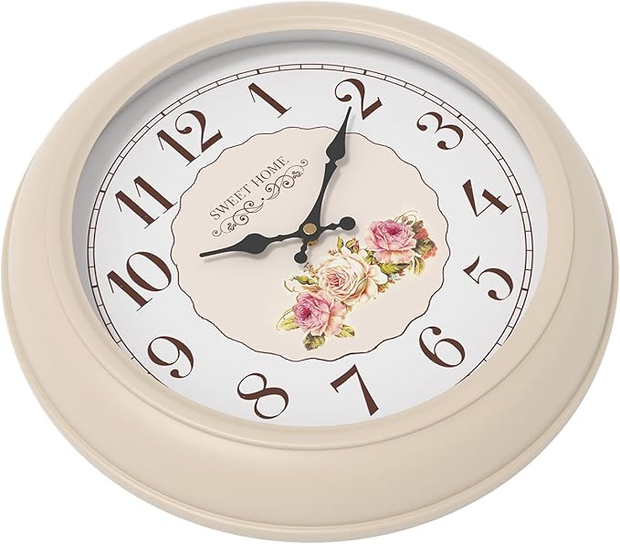 Abdurey Sweet French Rose Style Wall Clock, Battery Operated Silent, Creamy