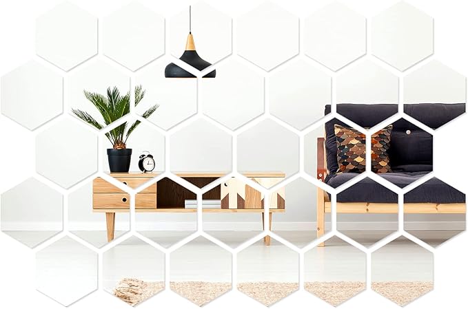 Shappy 32 Pcs Hexagon Mirror Wall Stickers Removable Silver Acrylic Mirror
