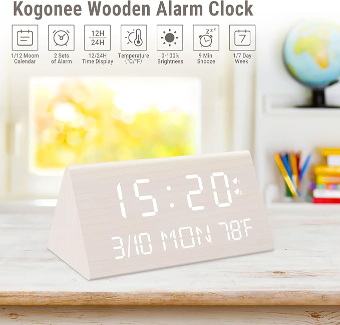 Kogonee Wooden Digital Alarm Clock, 0-100% Dimmer, 2 Alarm Settings, Weekday/Everyday Mode, 9 Mins Snooze, 12/24H, Temperature and Date Display for Office, Travel, Bedroom Alarm Clock (White)