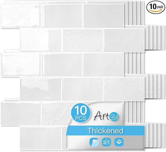 Art3d Peel and Stick Wall Tiles in White Marble– 10-Pack of 12 x12 Thickened