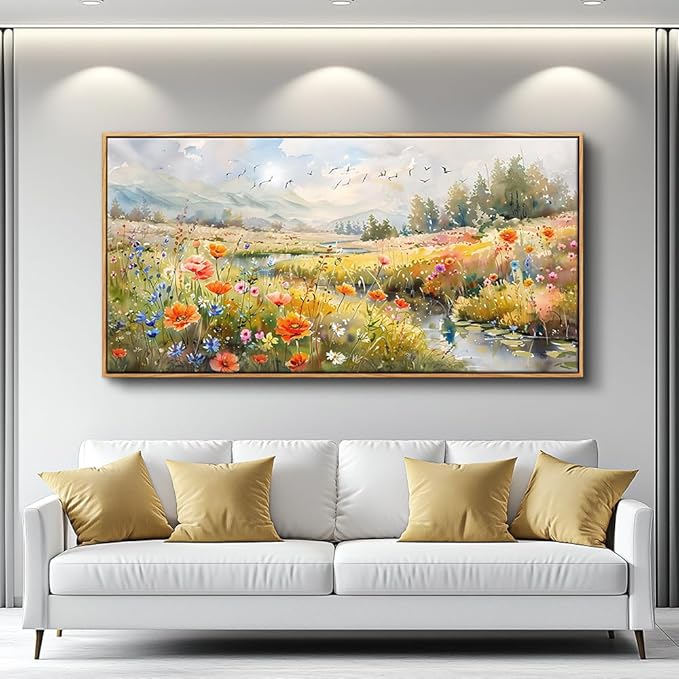QIYILEXWART Canvas Wall Art For Living Room Large Wall Decor For Office Bedroom Decorations Colorful Wildflower Landscape Pictures Farmhouse Painting Artwork Room Wall Mural Aesthetic Home Decor 30x60 In