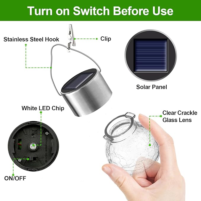 PARTPHONER 32 Pack Hanging Solar Lights Outdoor, Waterproof Solar Globe Lantern with Handle and Clip, Decorative Cracked Glass Ball Lights for Christmas Decor, Tree, Yard, Garden, Patio (Cold White)