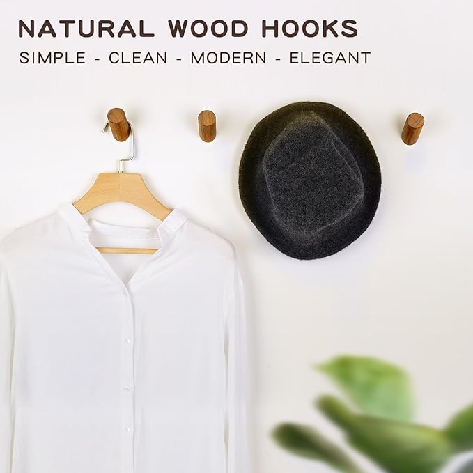 Felidio Wooden Wall Hooks, 2 Pack Coat Hooks Wall Mount, Natural Wood Hooks