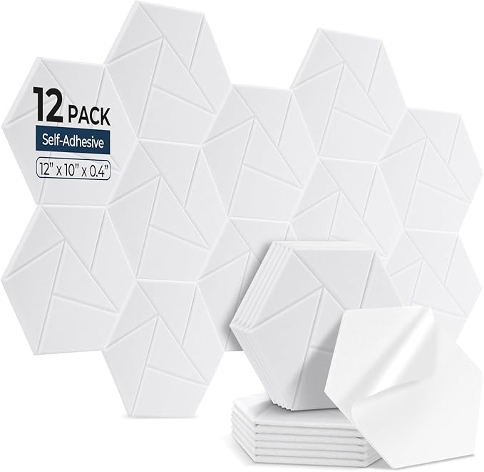 12 Pack Hexagon Acoustic Panels, Self-Adhesive Acoustic Wall Panels