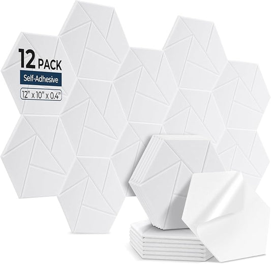 12 Pack Hexagon Acoustic Panels, Self-Adhesive Acoustic Wall Panels