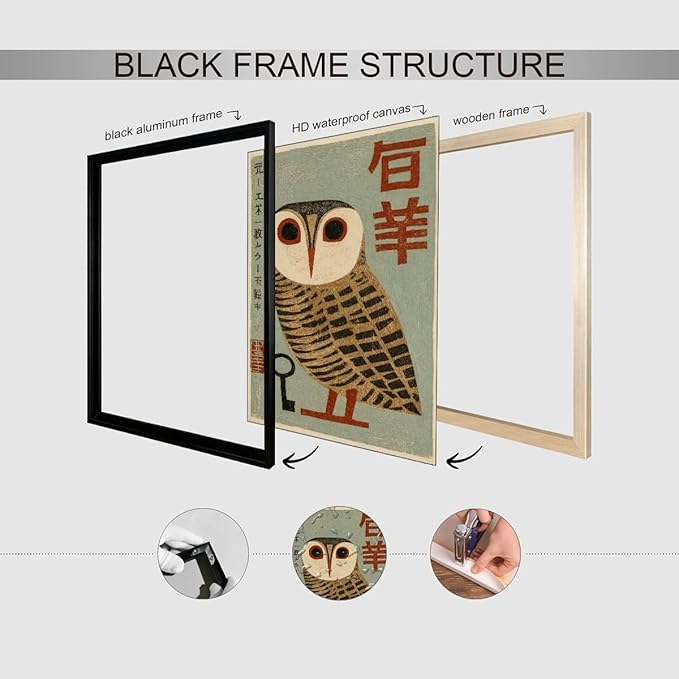 Vintage Japanese Black Framed Wall Art Owl Poster Mid Century Animal Print