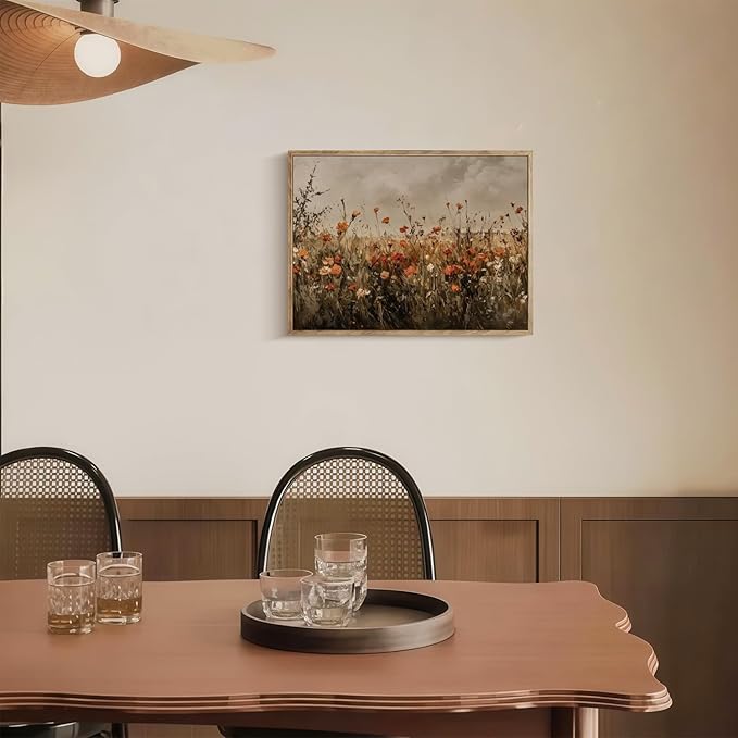 Vintage Canvas Wall Art Red Flowers Wall Decor Landscape Country Wildflowers Painting Farmhouse Picture Modern Print Rustic Floral Prints Living Room Bedroom Bathroom 12x16 Inch Framed