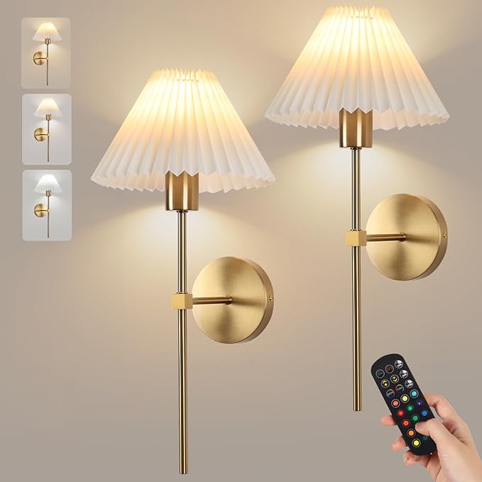 Gold Wireless Wall Sconce Sets of 2, Pleated Shades Rechargeable Battery