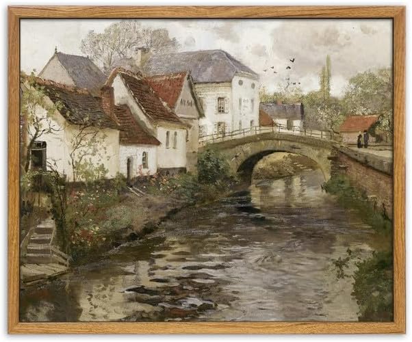UPWOIGH Vintage Framed Wall Art,12"x16" Country Oil Painting,Belgian Village Canal Print,European City,Rustic Wall Decor,Antique Painting,Moody Autumn Farmhouse Artwork for Living Room Bedroom,1Pack