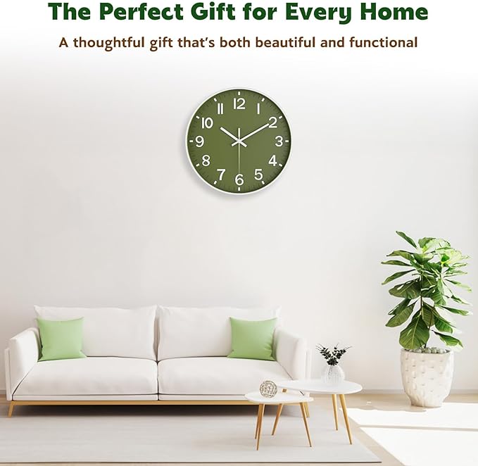 Silent Wall Clock Non-Ticking Battery Operated – Modern Olive Green Analog Wall